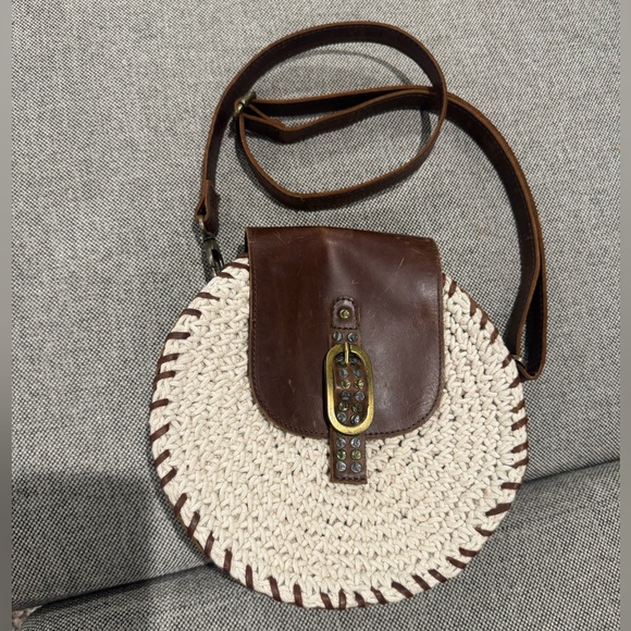 Free People Handbags - Free People Oak Street Saddle Bag Brown Leather & Woven Rattan NWOT